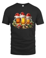 Funny Christmas Beer Cheers Santa Hat Graphic Party Tee Tshirt - black t-shirt on white background