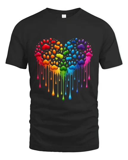Rainbow Paw Heart Dripping Love Pride Graphic Tee Tshirt - black t-shirt on white background