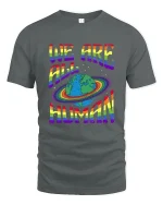 We Are All Human Rainbow Planet Equality Tee Tshirt - gray t-shirt on white background