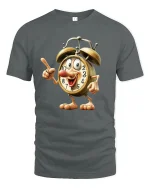 Funny Alarm Clock Character Time Humor Cartoon Tee Tshirt - gray t-shirt on white background
