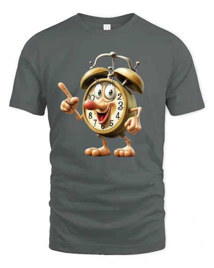 Funny Alarm Clock Character Time Humor Cartoon Tee Tshirt - gray t-shirt on white background