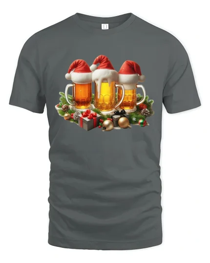 Funny Christmas Beer Cheers Santa Hat Graphic Party Tee Tshirt - gray t-shirt on white background