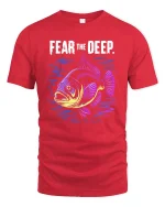 Fear The Deep Neon Fish Graphic Tee Tshirt - red t-shirt on white background
