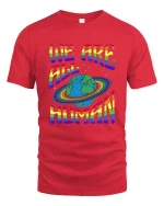 We Are All Human Rainbow Planet Equality Tee Tshirt - red t-shirt on white background