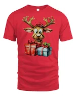 Cute Christmas Reindeer Holding Gifts Adorable Holiday Cartoon Tee - red t-shirt on white background