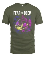 Fear The Deep Neon Fish Graphic Tee Tshirt - military green t-shirt on white background