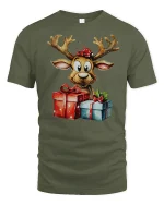 Cute Christmas Reindeer Holding Gifts Adorable Holiday Cartoon Tee - military green t-shirt on white background