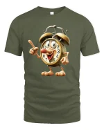 Funny Alarm Clock Character Time Humor Cartoon Tee Tshirt - military green t-shirt on white background