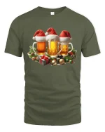 Funny Christmas Beer Cheers Santa Hat Graphic Party Tee Tshirt - military green t-shirt on white background