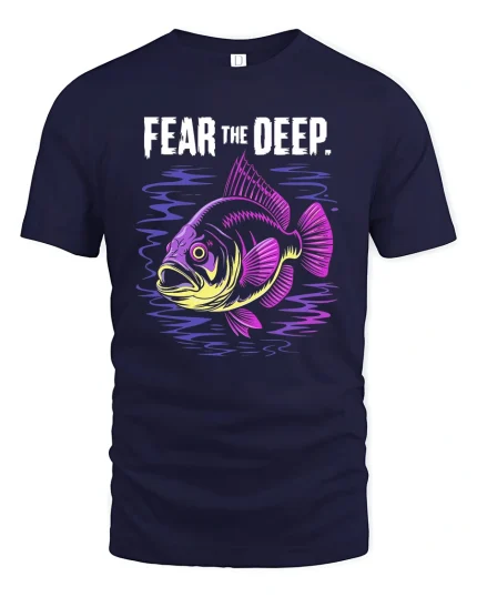 Fear The Deep Neon Fish Graphic Tee Tshirt - navy t-shirt on white background