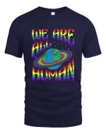 We Are All Human Rainbow Planet Equality Tee Tshirt - navy t-shirt on white background