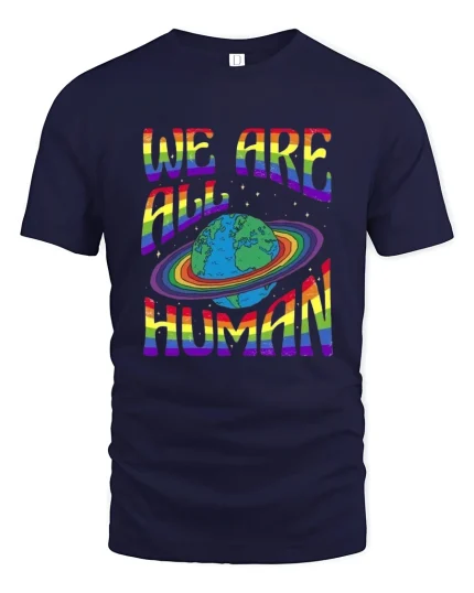 We Are All Human Rainbow Planet Equality Tee Tshirt - navy t-shirt on white background