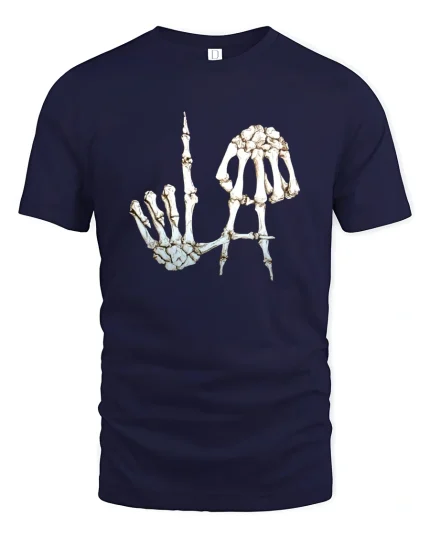 Skeleton Hand Letter Art Dark Humor Graphic Tee Tshirt - navy t-shirt on white background