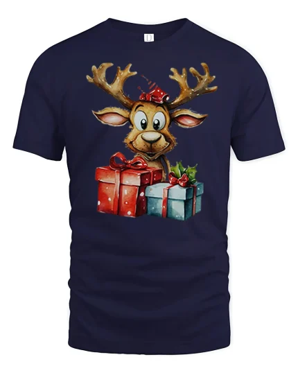 Cute Christmas Reindeer Holding Gifts Adorable Holiday Cartoon Tee - navy t-shirt on white background