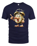 Funny Alarm Clock Character Time Humor Cartoon Tee Tshirt - navy t-shirt on white background