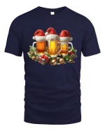 Funny Christmas Beer Cheers Santa Hat Graphic Party Tee Tshirt - navy t-shirt on white background