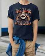The Tank In The Arena Fierce Bulldog Power Graphic Tee Tshirt - model wearing navy tee with hands in pockets