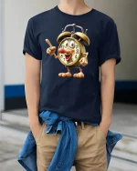 Funny Alarm Clock Character Time Humor Cartoon Tee Tshirt - model wearing navy tee with hands in pockets