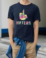 Rainbow Middle Finger Attitude Statement Graphic Tee Tshirt - model wearing navy tee with hands in pockets