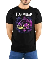 Fear The Deep Neon Fish Graphic Tee Tshirt - model wearing black tee with hands behind back