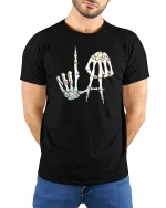 Skeleton Hand Letter Art Dark Humor Graphic Tee Tshirt - model wearing black tee with hands behind back