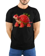 Cute Strawberry Turtle Fantasy Animal Illustration Graphic Tee - model wearing black tee with hands behind back