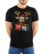 Cute Christmas Reindeer Holding Gifts Adorable Holiday Cartoon Tee - model wearing black tee with hands behind back