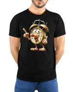 Funny Alarm Clock Character Time Humor Cartoon Tee Tshirt - model wearing black tee with hands behind back