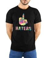 Rainbow Middle Finger Attitude Statement Graphic Tee Tshirt - model wearing black tee with hands behind back