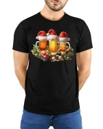 Funny Christmas Beer Cheers Santa Hat Graphic Party Tee Tshirt - model wearing black tee with hands behind back