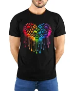 Rainbow Paw Heart Dripping Love Pride Graphic Tee Tshirt - model wearing black tee with hands behind back