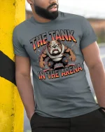 The Tank In The Arena Fierce Bulldog Power Graphic Tee Tshirt - model wearing grey tee, leaning on column
