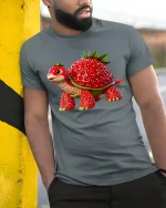 Cute Strawberry Turtle Fantasy Animal Illustration Graphic Tee - model wearing grey tee, leaning on column
