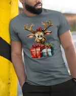 Cute Christmas Reindeer Holding Gifts Adorable Holiday Cartoon Tee - model wearing grey tee, leaning on column
