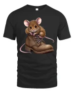 Cute Mouse in Boot Graphic T Shirt Funny Cozy Animal Art Tee - black t-shirt on white background