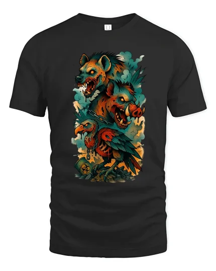 Fierce Hyena Boar Vulture Graphic T Shirt Dark Fantasy Tee - black t-shirt on white background