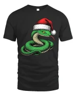 Funny Christmas Snake Wearing Santa Hat Graphic T Shirt Tee - black t-shirt on white background