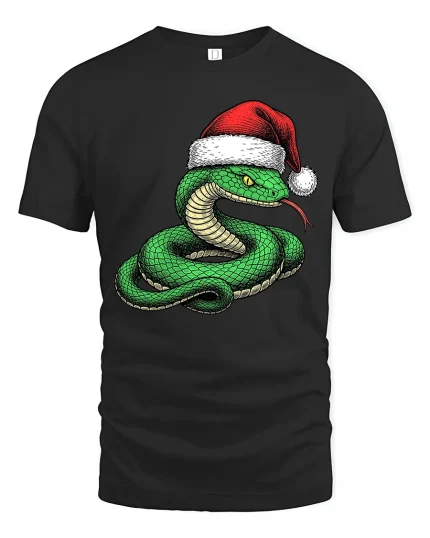 Funny Christmas Snake Wearing Santa Hat Graphic T Shirt Tee - black t-shirt on white background