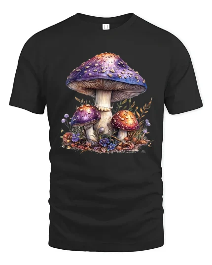Magical Mushroom Garden Graphic T Shirt Whimsical Nature Tee - black t-shirt on white background