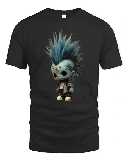 Cute Punk Doll with Blue Mohawk Graphic T Shirt Art Tee - black t-shirt on white background
