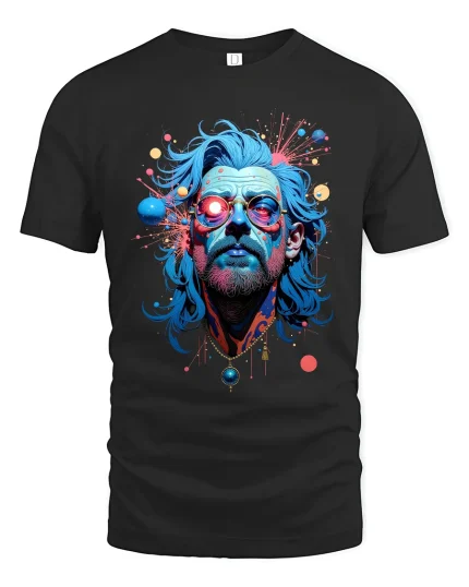 Psychedelic Bearded Man Portrait Graphic T Shirt Trippy Art Tee - black t-shirt on white background