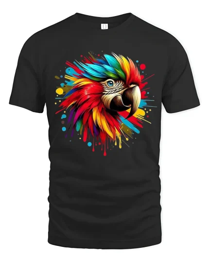 Colorful Macaw Parrot Splash Art Graphic T Shirt Bold Tee - black t-shirt on white background
