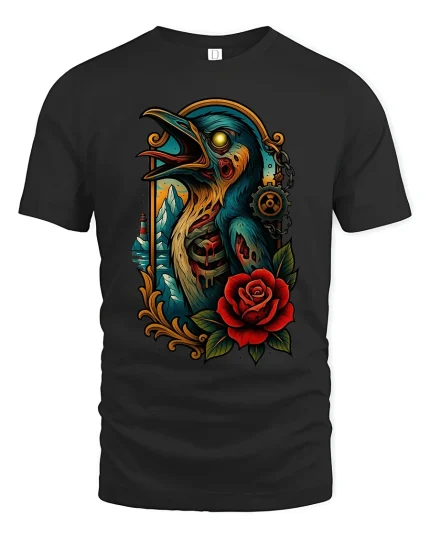 Gothic Raven with Rose Graphic T Shirt Dark Fantasy Art Tee - black t-shirt on white background