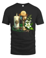 Holy Communion Symbols Graphic T Shirt Faith Inspired Art Tee - black t-shirt on white background