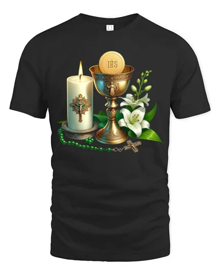 Holy Communion Symbols Graphic T Shirt Faith Inspired Art Tee - black t-shirt on white background