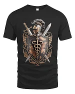 Medieval Knight Shield Emblem Graphic T Shirt Warrior Art Tee - black t-shirt on white background