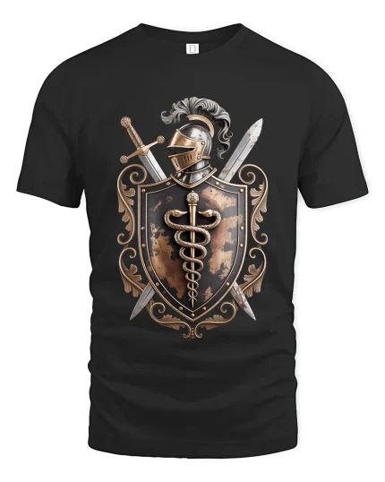 Medieval Knight Shield Emblem Graphic T Shirt Warrior Art Tee - black t-shirt on white background