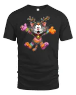 Funny Colorful Christmas Cat Reindeer Graphic T Shirt Cute Tee - black t-shirt on white background