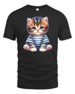 Cute Kitten in Striped Shirt Graphic T Shirt Adorable Tee - black t-shirt on white background