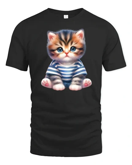 Cute Kitten in Striped Shirt Graphic T Shirt Adorable Tee - black t-shirt on white background